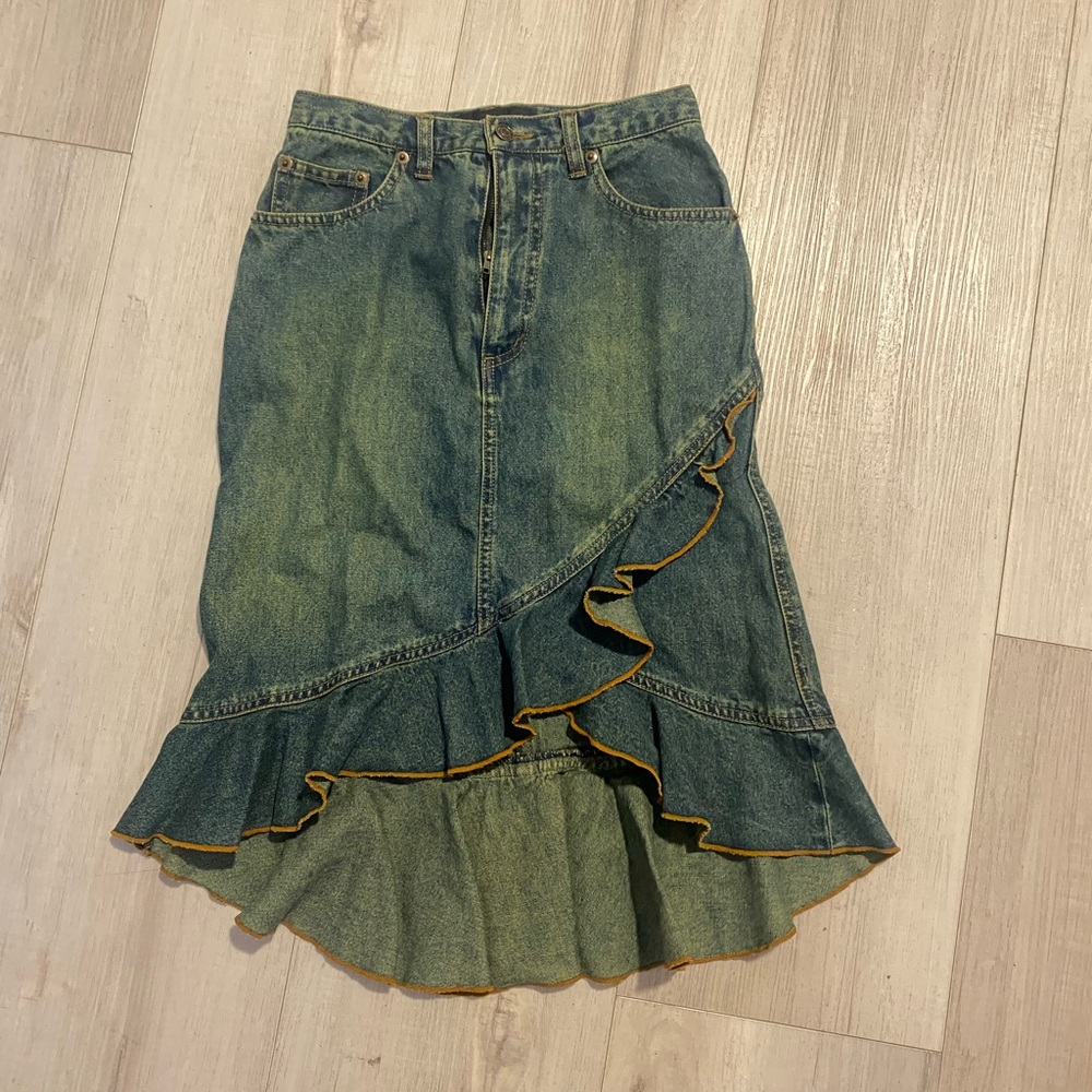 Denim Ruffle Skirt with Yellow Trim